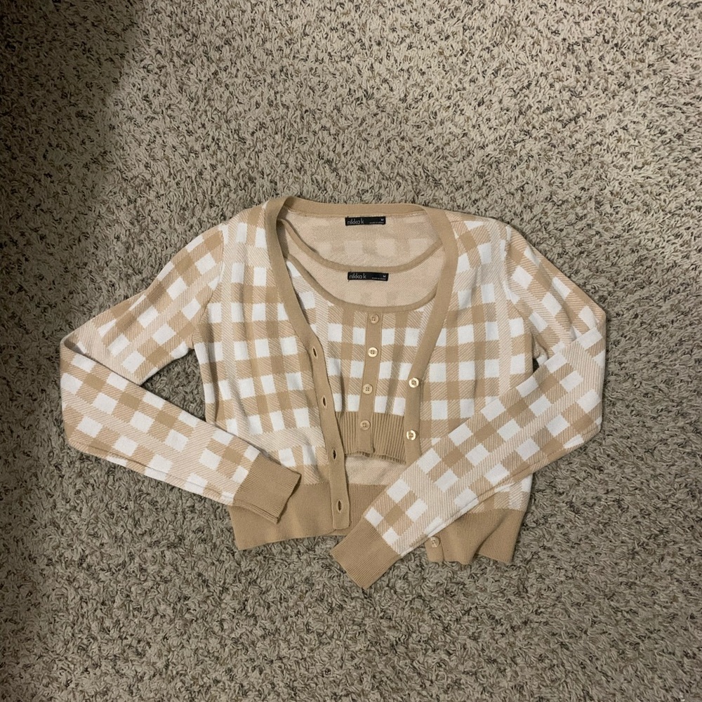 2 Piece Gingham Cardigan and Tank Top Set